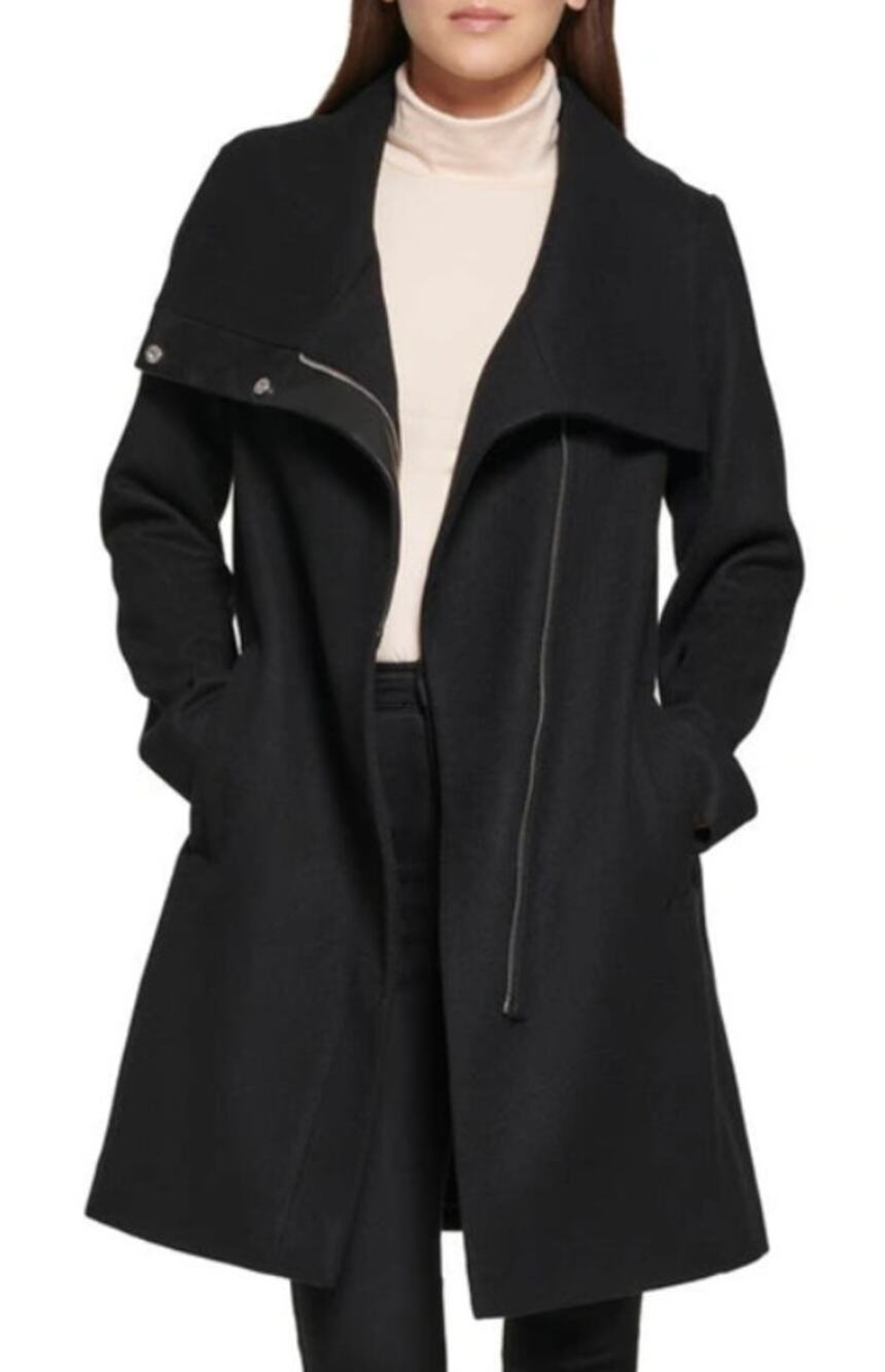 KENNETH COLE Womens Melton Wool Blend Coat Small Black Faux Leather Trim NWOT